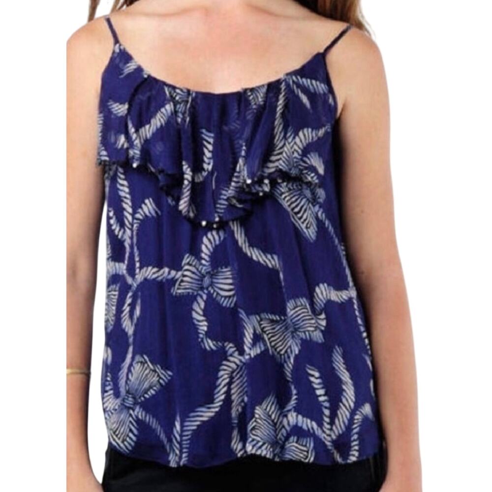 Rebecca Taylor Women's 4 Tank Top Blouse Blue Silk Ruffle